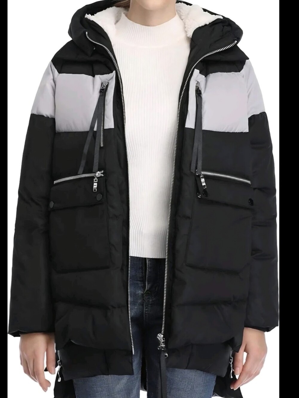 NEW FADSHOW Black & Light Gray Hooded Women's Puffer Coat.